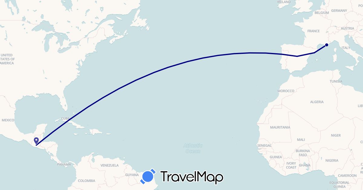 TravelMap itinerary: driving in Spain, France, Guatemala (Europe, North America)